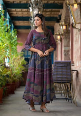 Black Abstract Printed Georgette Dress With Doris At Waist-J4753BLACK